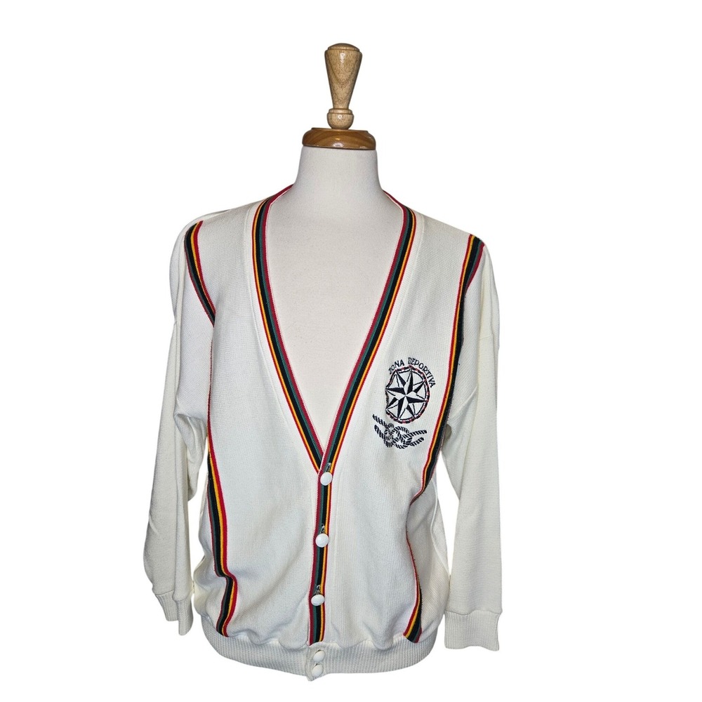 Vintage 90s Nautical Compass Cardigan Coastal Grandpa Yacht Club Oversized UK - Picture 2 of 10